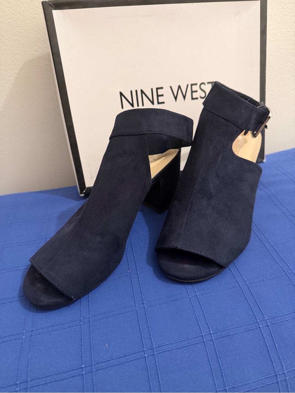Nine West Navy Suede Open-Toe Block Heel Ankle Sandals